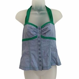 Fei Anthropologie Womens Size 6 Blouse Halter Top Polka Dot Green Blue Button Up
